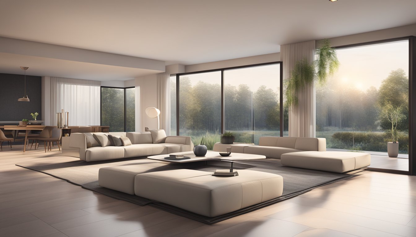 A sleek, minimalist living room with high-end furniture, clean lines, and luxurious materials, bathed in natural light from large windows