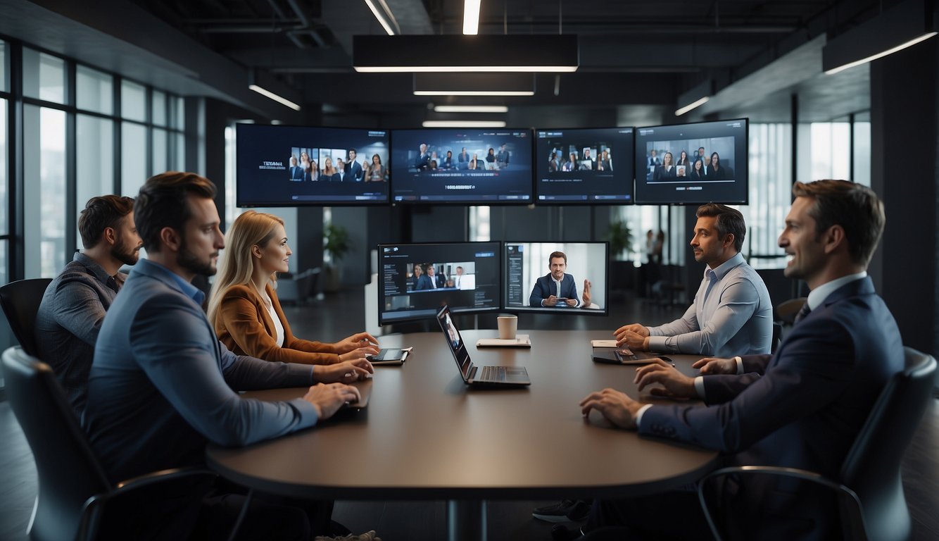 A virtual team meeting with multiple screens displaying active participation and interaction among team members