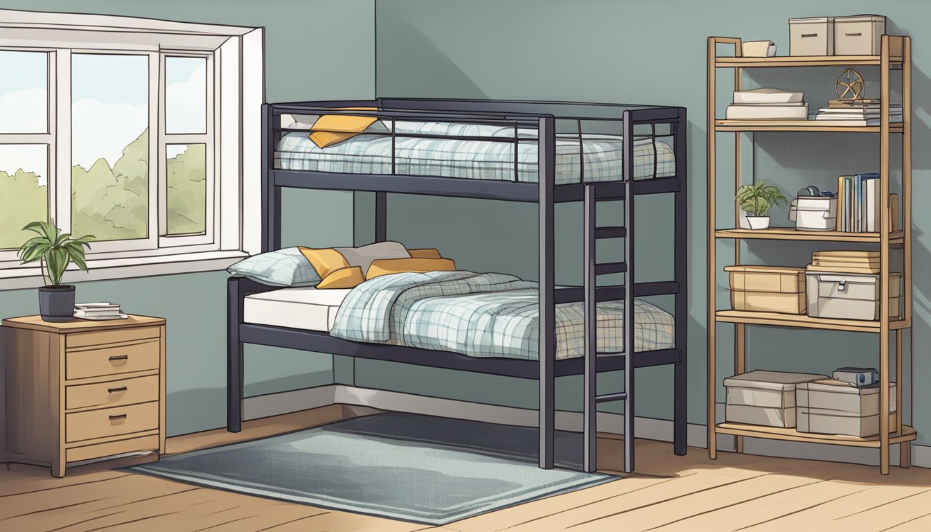 A single bed with a detachable top bunk, surrounded by shelves and a ladder, with a clear "Frequently Asked Questions" sign displayed