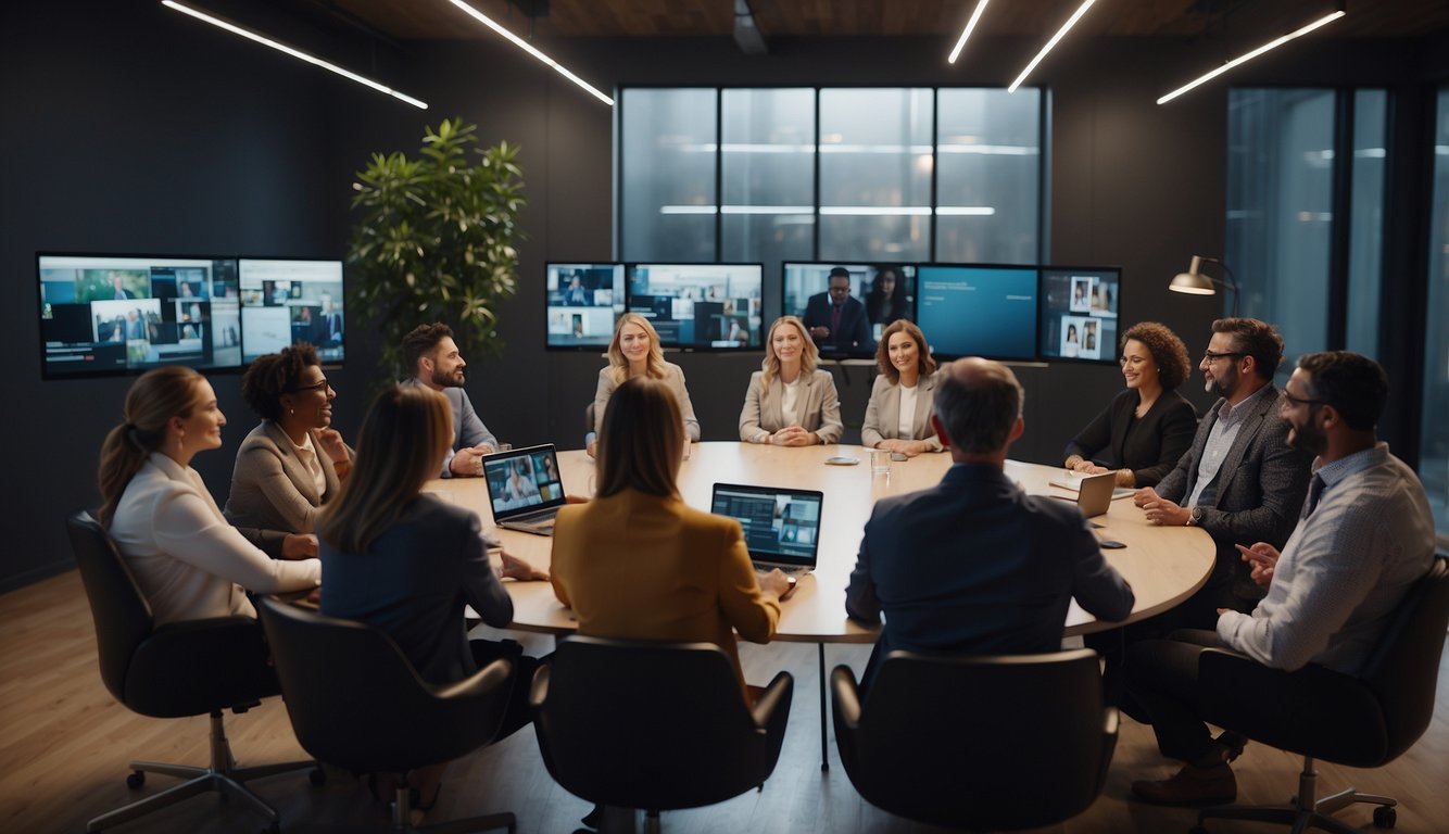 A virtual team meeting with a diverse group of participants, engaging in active discussions, sharing ideas, and collaborating on a digital platform