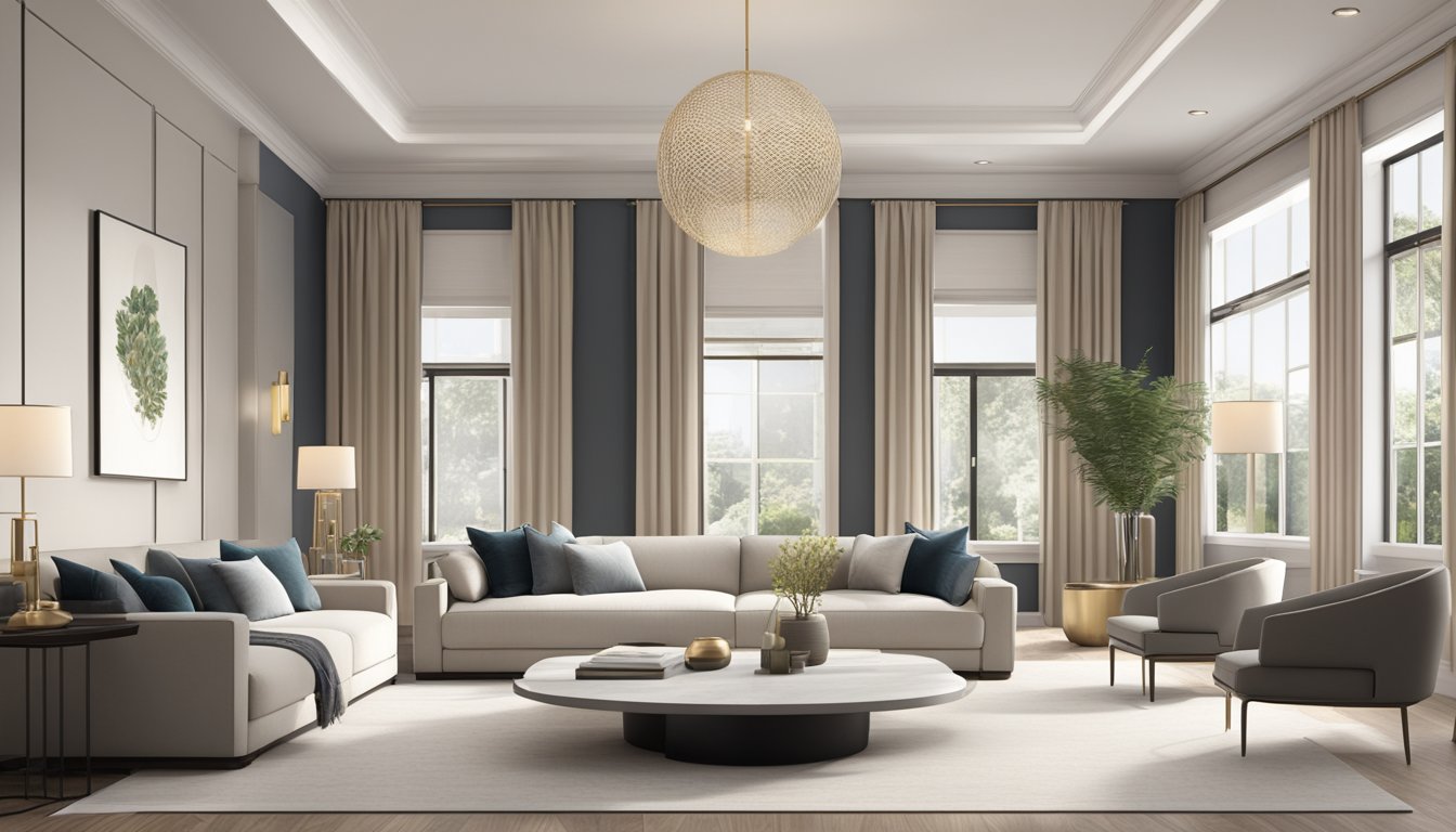 A spacious, well-lit living room with sleek, high-end furniture and elegant decor. Clean lines, neutral tones, and luxurious textures create a modern, sophisticated ambiance