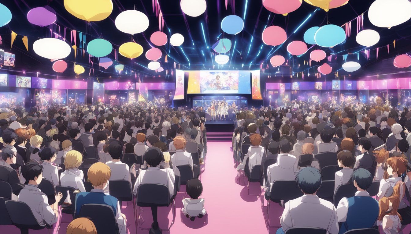 A stage adorned with sex doll trophies and banners, surrounded by excited attendees at the Sex Doll Community Awards