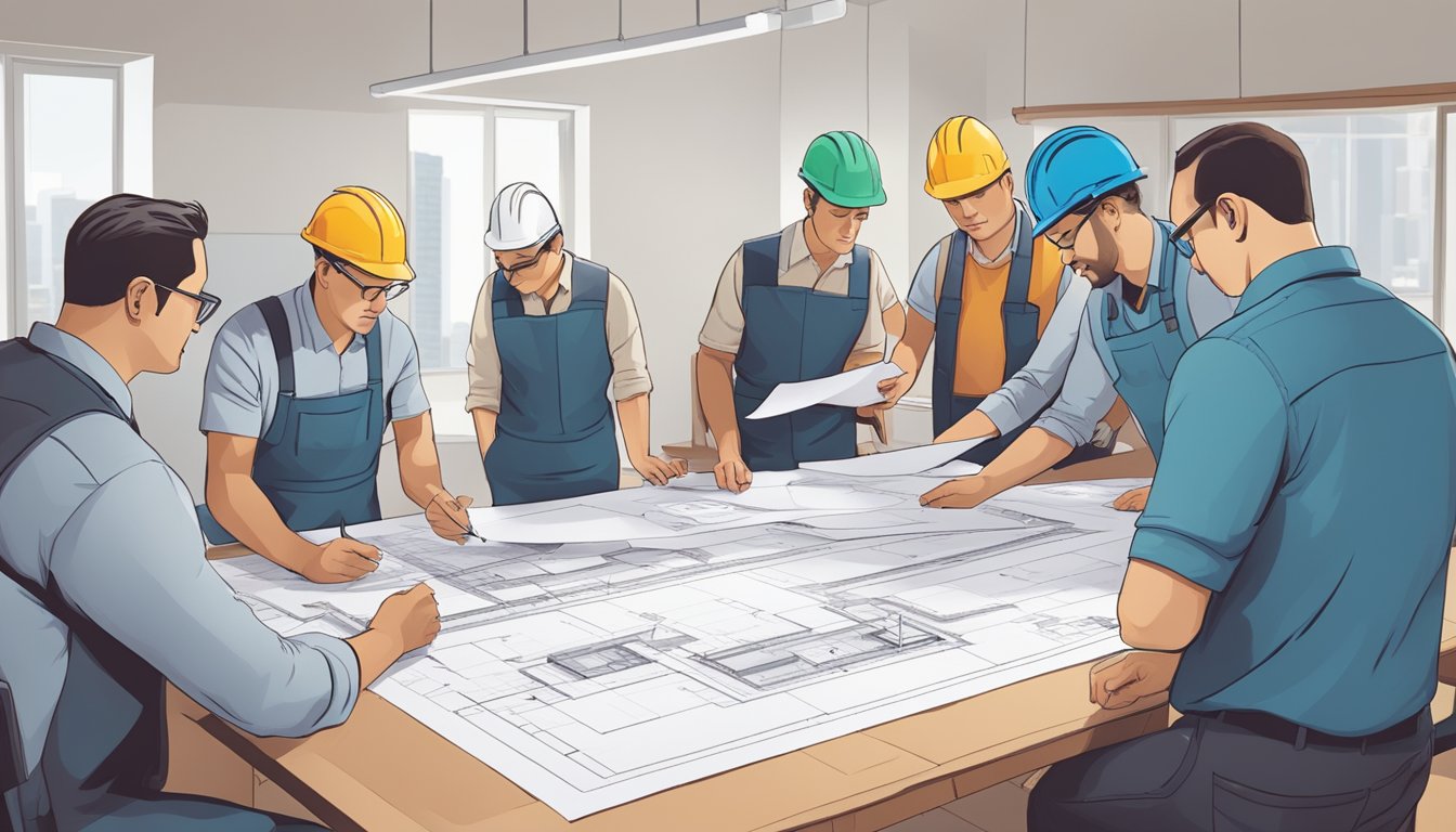 A group of professionals gather around a blueprint, discussing plans for a BTO renovation. Tools and materials are laid out on the table as they make decisions