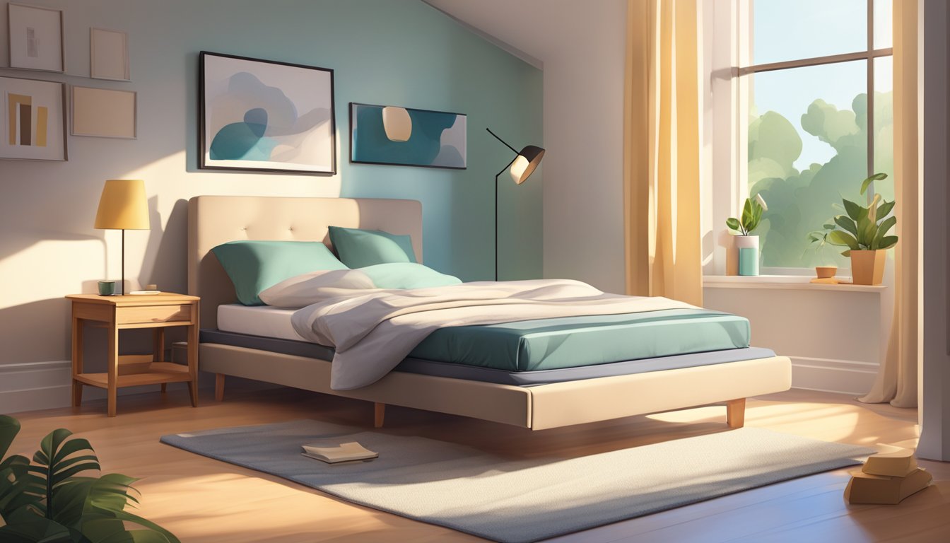 A foldable bed and mattress are set up in a cozy, sunlit room with a bedside table and a book resting on the bed