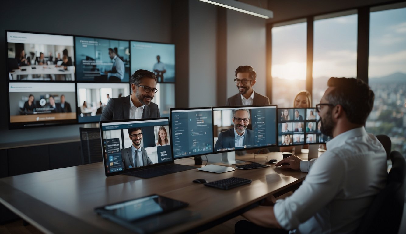 A virtual team meeting with participants actively engaging and collaborating, using digital tools and communication platforms