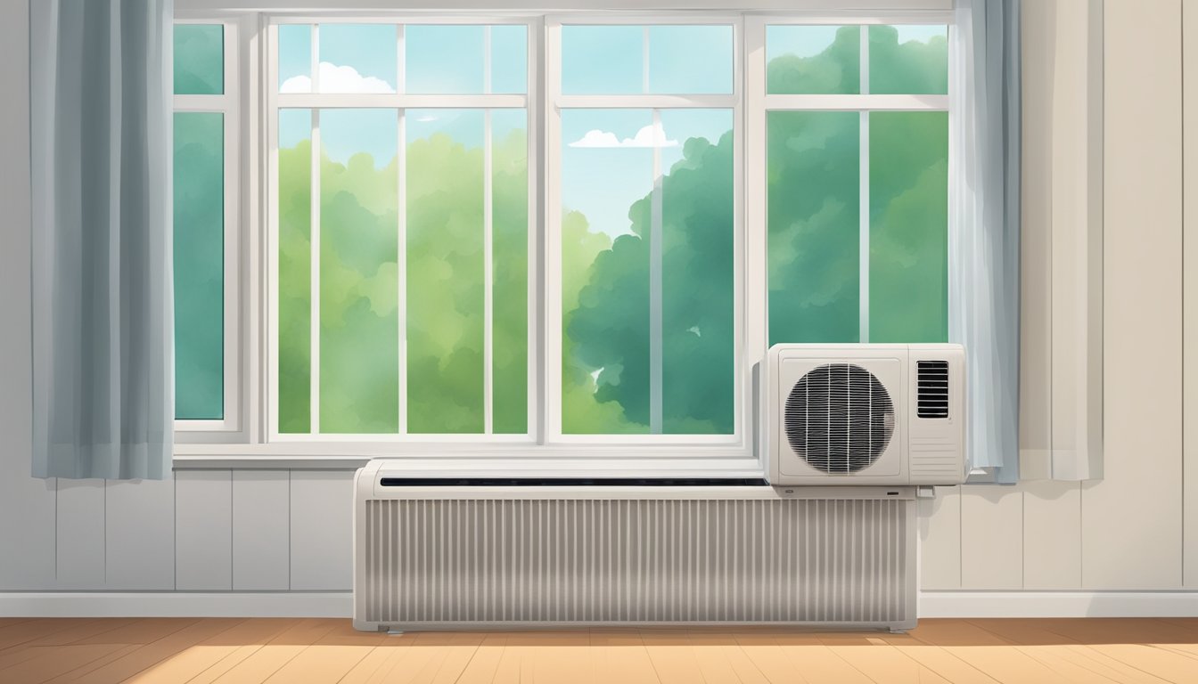 A single air conditioner hums quietly in a window, cool air billowing out into the warm room