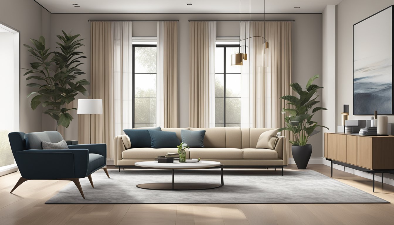 A sleek, minimalist living room with designer furniture and high-end decor. Clean lines, neutral colors, and luxurious textures create a sophisticated ambiance