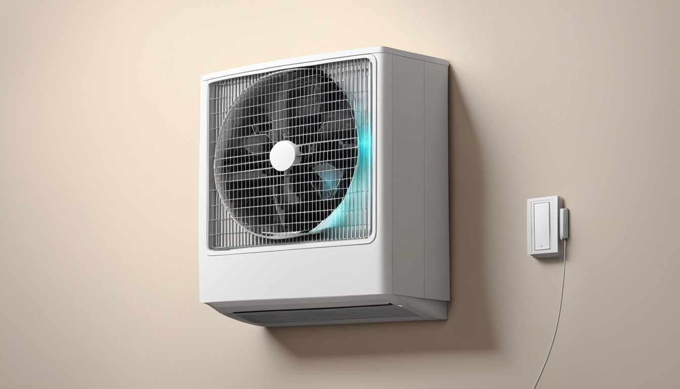 A single air conditioner hums quietly on a wall, surrounded by warm air. Its vents are open, releasing cool air into the room