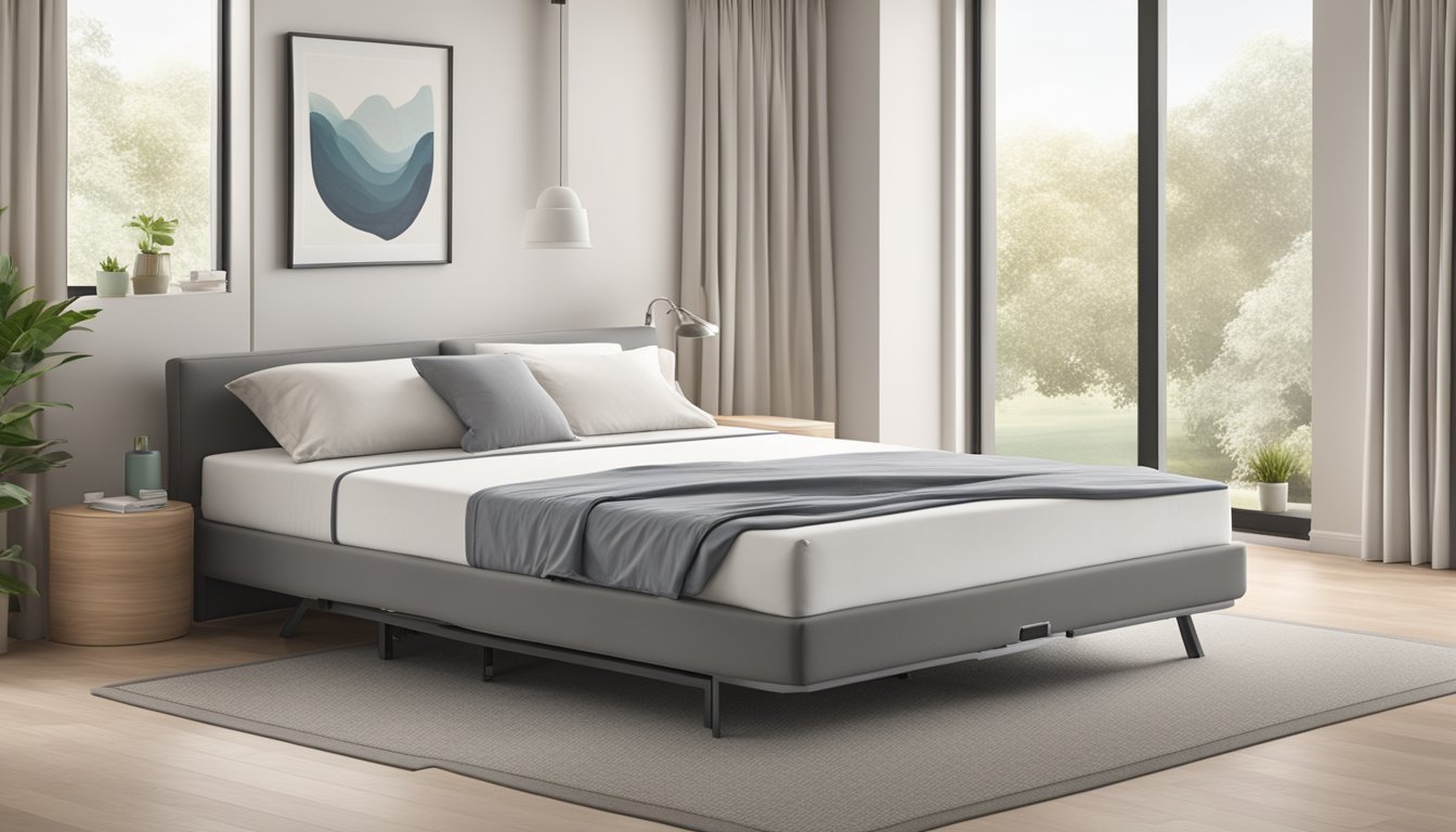 A queen size foldable mattress lays open on a sleek, modern bed frame, surrounded by soft, neutral-colored bedding and pillows