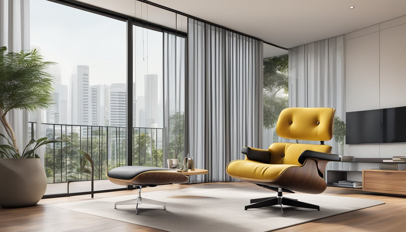 An Eames chair sits in a modern Singapore living room, with sleek lines and a minimalist design. The chair is positioned near a large window, allowing natural light to illuminate the space