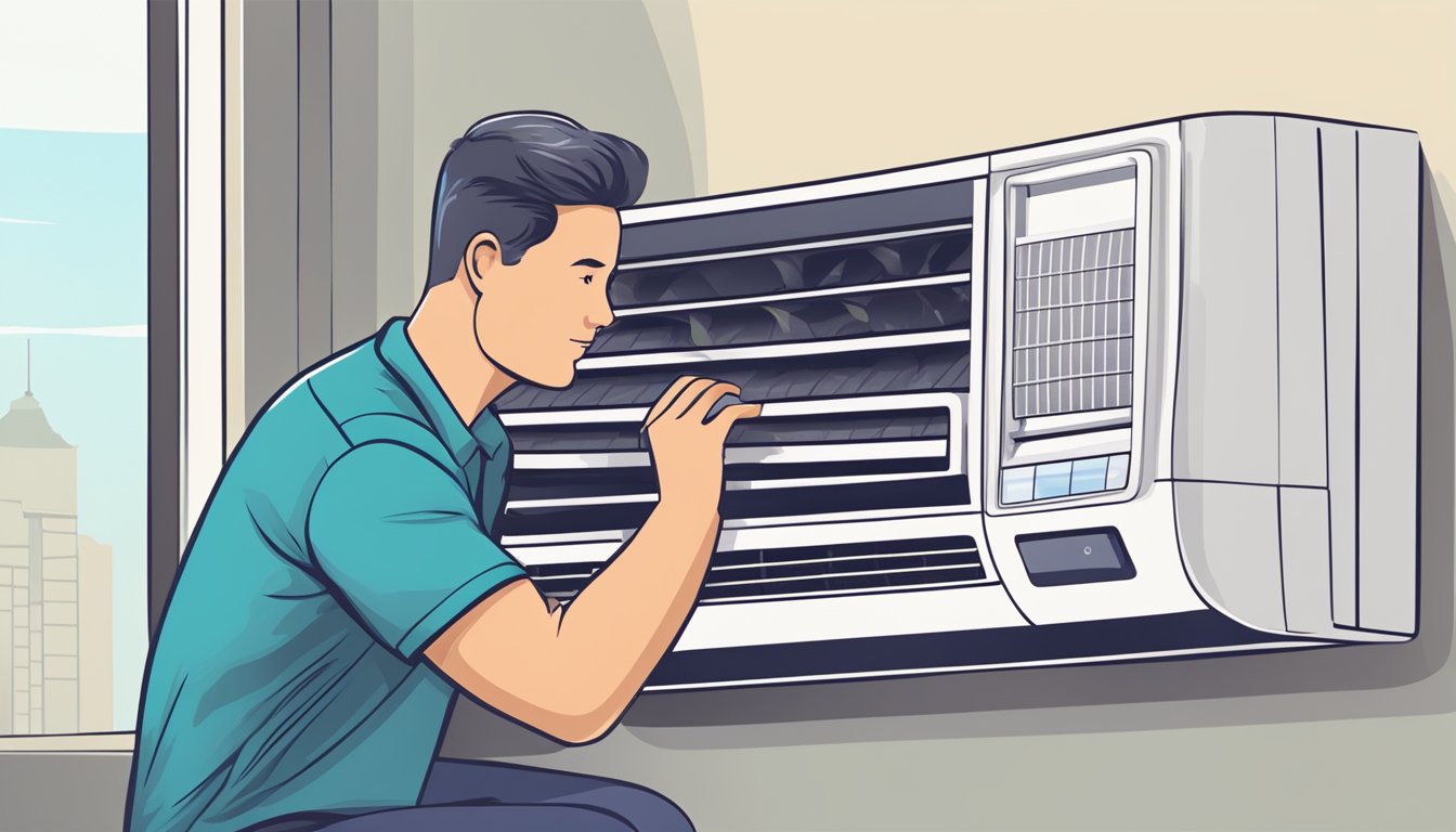 A person adjusts the settings on a single air conditioner, ensuring it is clean and well-maintained
