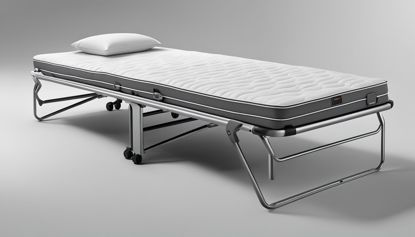A foldable bed and mattress are displayed in a showroom, with various options and features highlighted. The bed is shown in both folded and unfolded positions, showcasing its versatility and ease of use