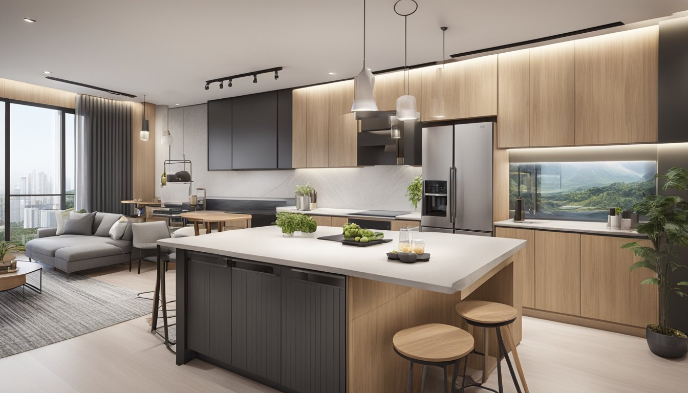A spacious open concept kitchen in a BTO flat with modern appliances, sleek countertops, and a large central island
