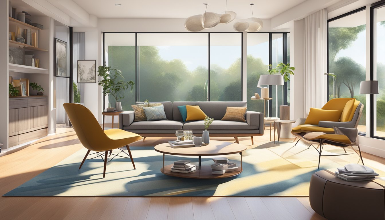 A modern living room with Eames chairs arranged around a sleek coffee table, with natural light streaming in through large windows