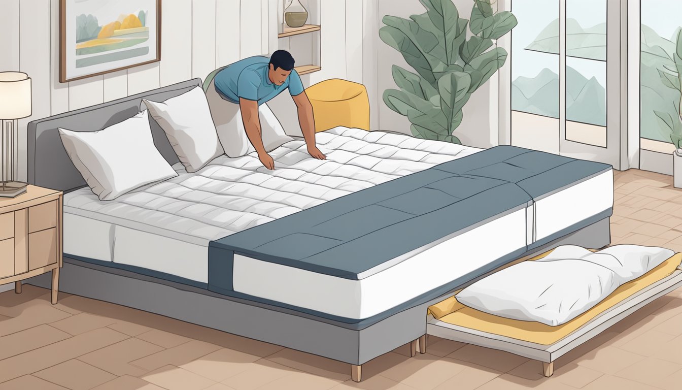 A queen size foldable mattress is being unfolded and laid out on a bed frame, with a person fluffing the pillows and arranging the sheets nearby