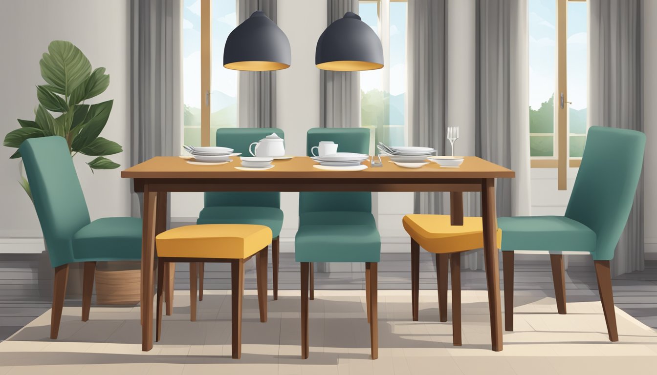 A standard dining chair, with wooden legs and a cushioned seat, placed at a table with a placemat and cutlery