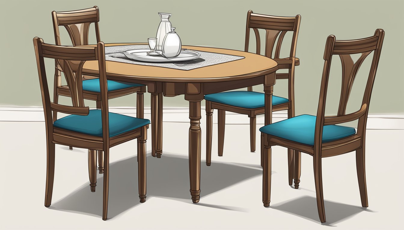 A dining table with a chair pulled out, showing the distance between the seat and the table edge for proper sizing