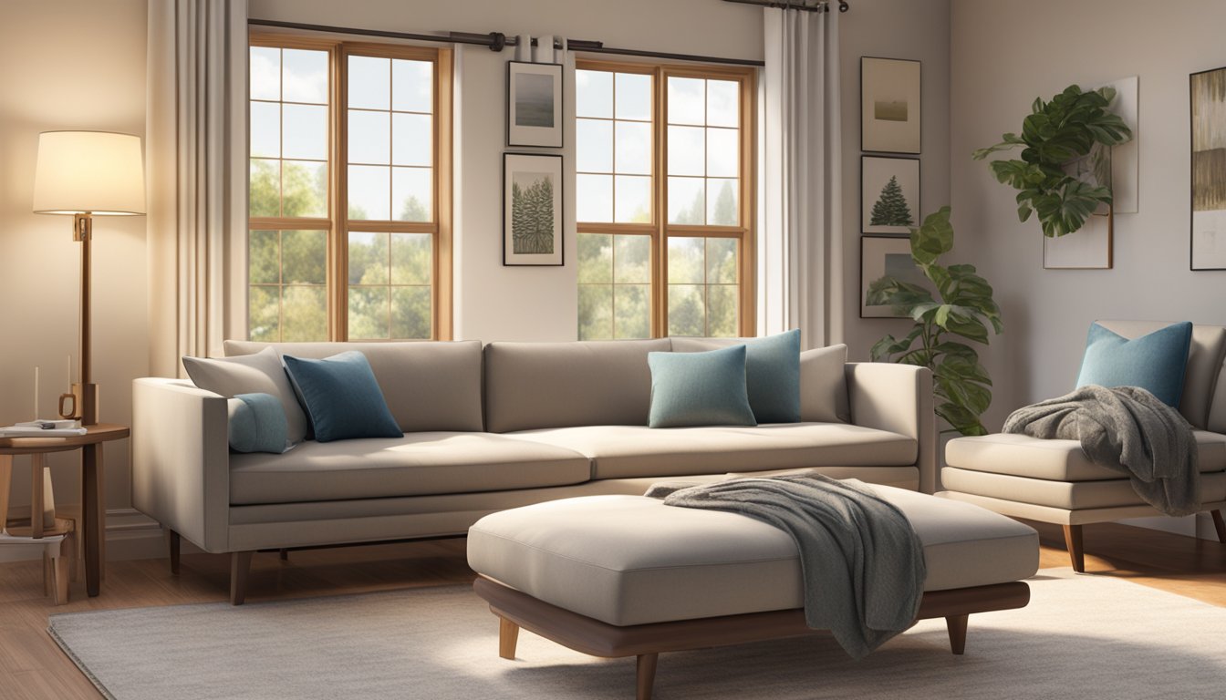 A queen size sofa bed sits in a cozy living room, with soft pillows and a warm throw blanket. The room is bathed in natural light from a large window, creating a welcoming and comfortable space