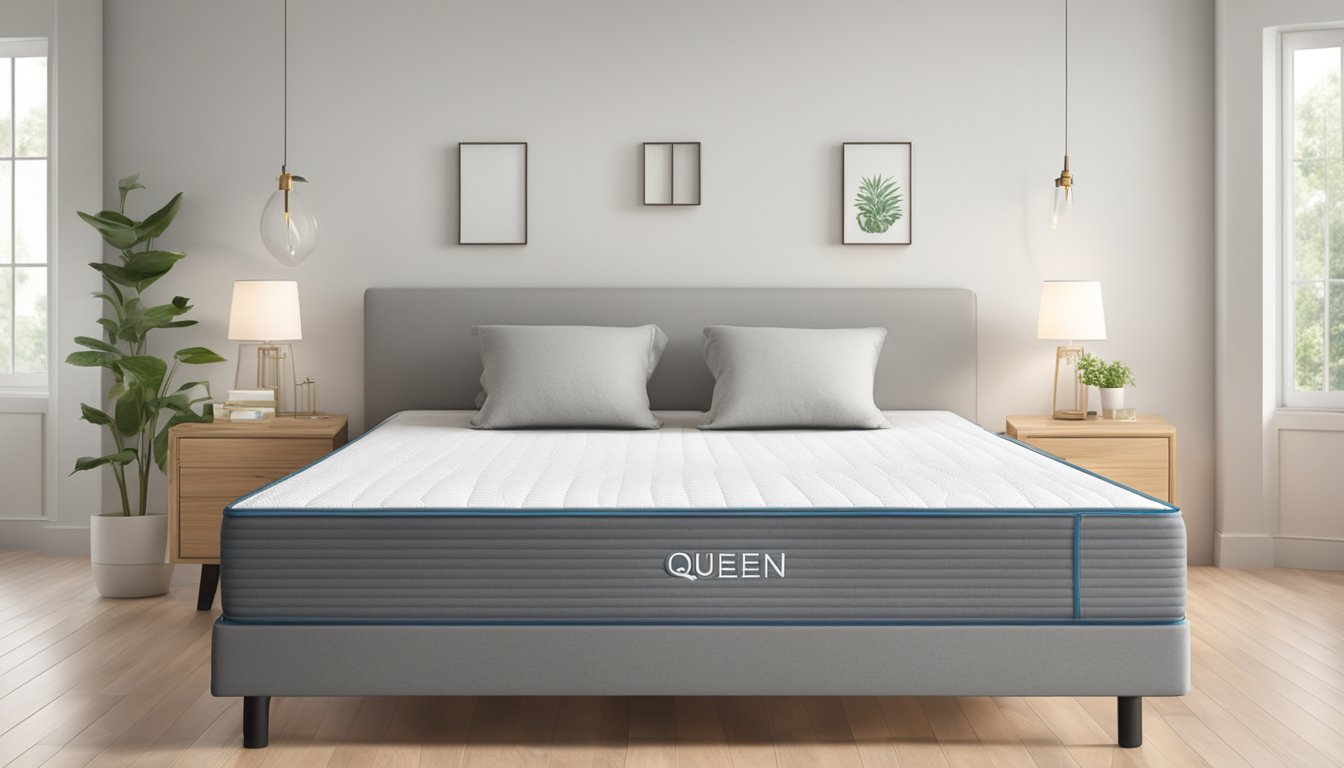 A queen size foldable mattress displayed with FAQ signage and packaging in a bright, spacious room with natural light