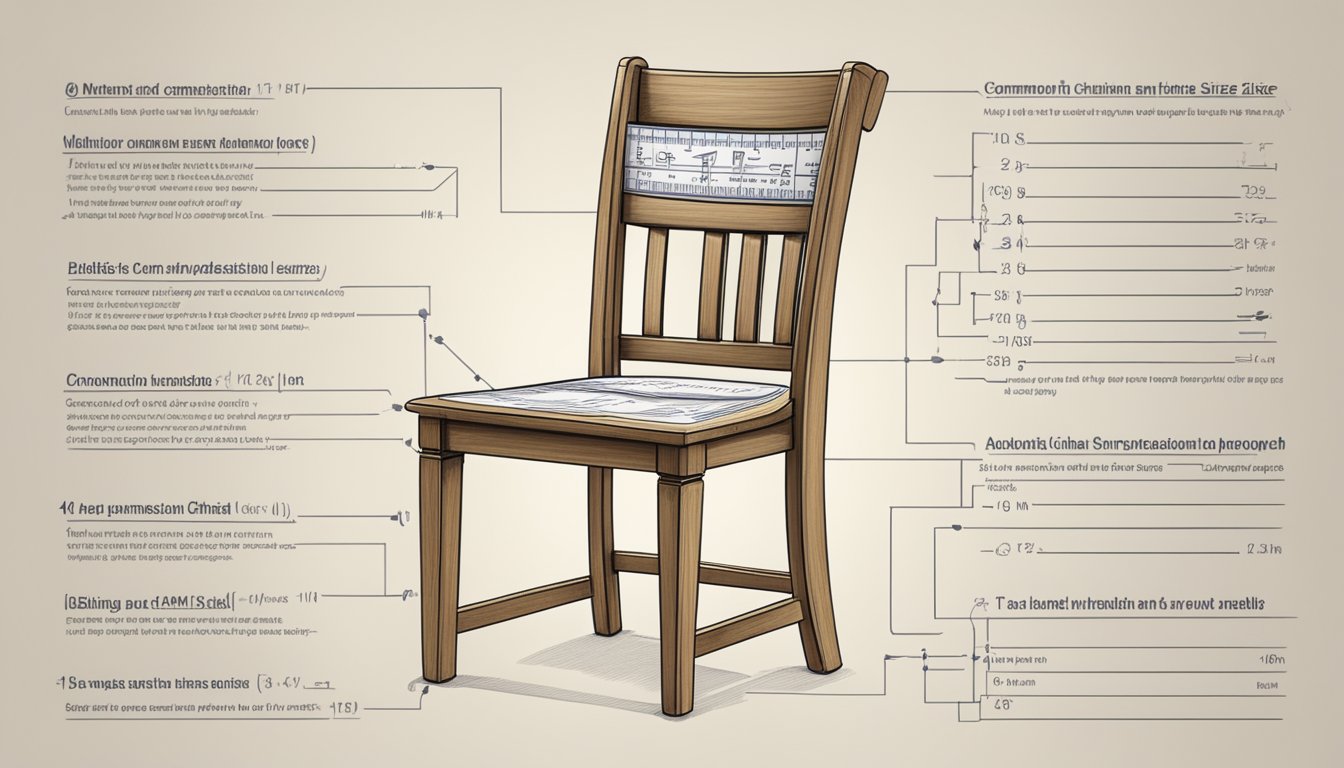 A dining chair surrounded by measuring tape and a ruler, with a list of common questions about chair size floating above it