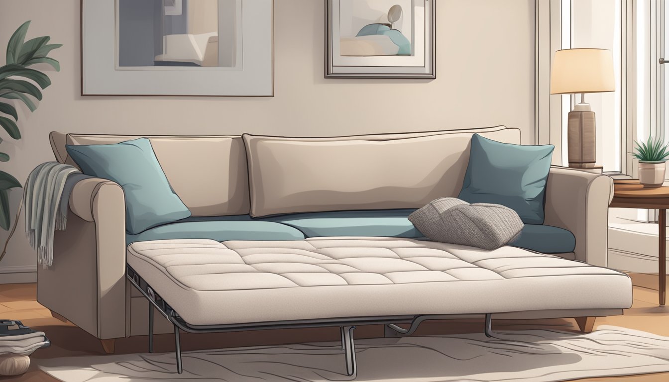 A queen size sofa bed in a living room, with fluffed pillows and a neatly folded blanket. A vacuum cleaner and fabric cleaner nearby