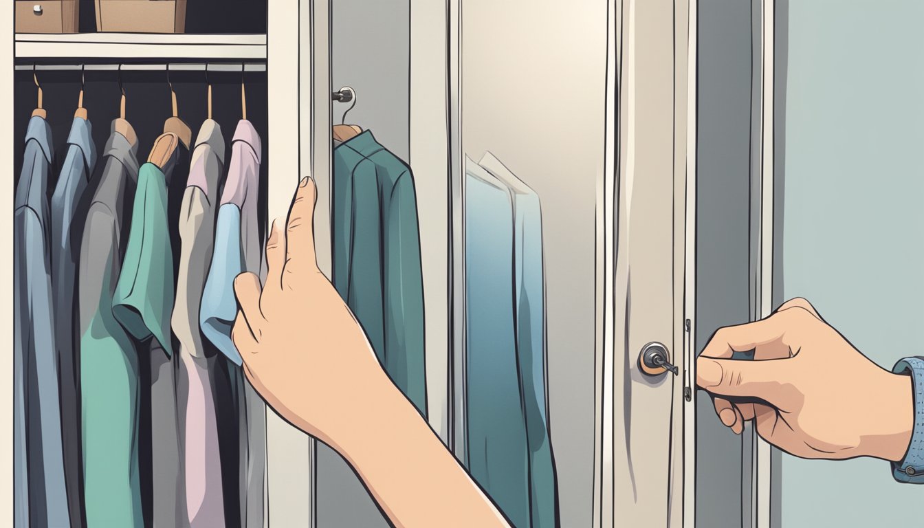 A hand reaches out to grab a mirror from a wardrobe