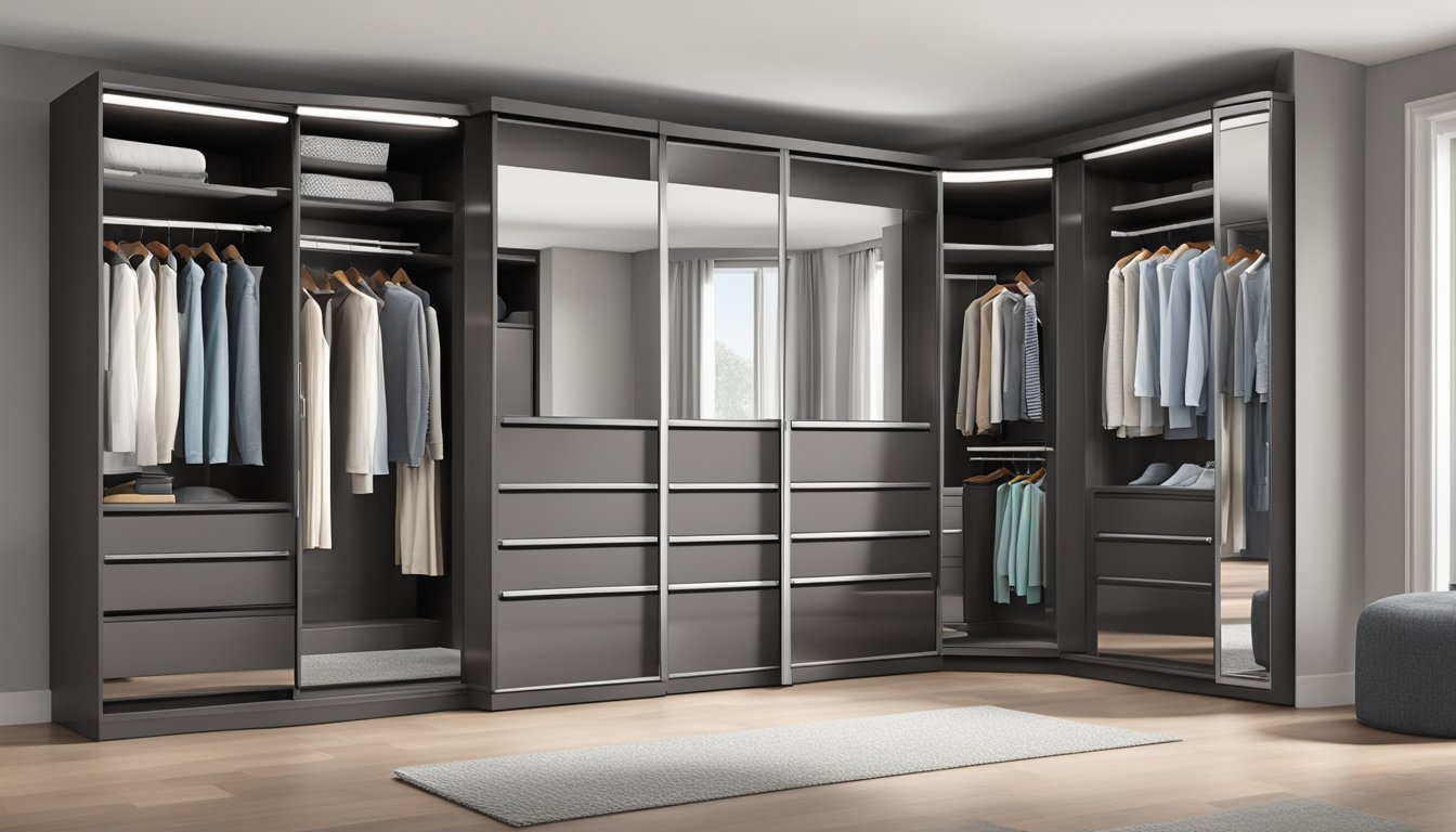 A pull-out mirror slides from the wardrobe, revealing its functionality and sleek design