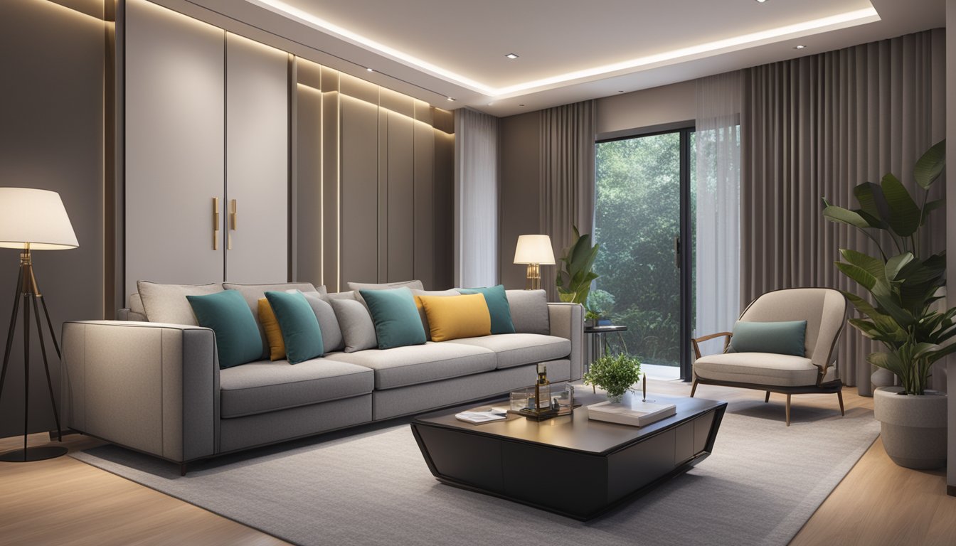 A cozy living room with a sleek queen size sofa bed in Singapore, surrounded by a modern decor and soft lighting