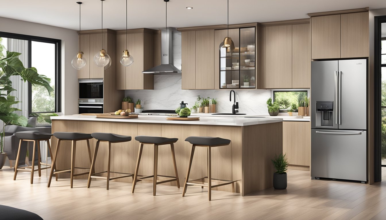 An open concept kitchen in a BTO with modern appliances and ample storage. Island counter with bar stools, natural light, and clean lines