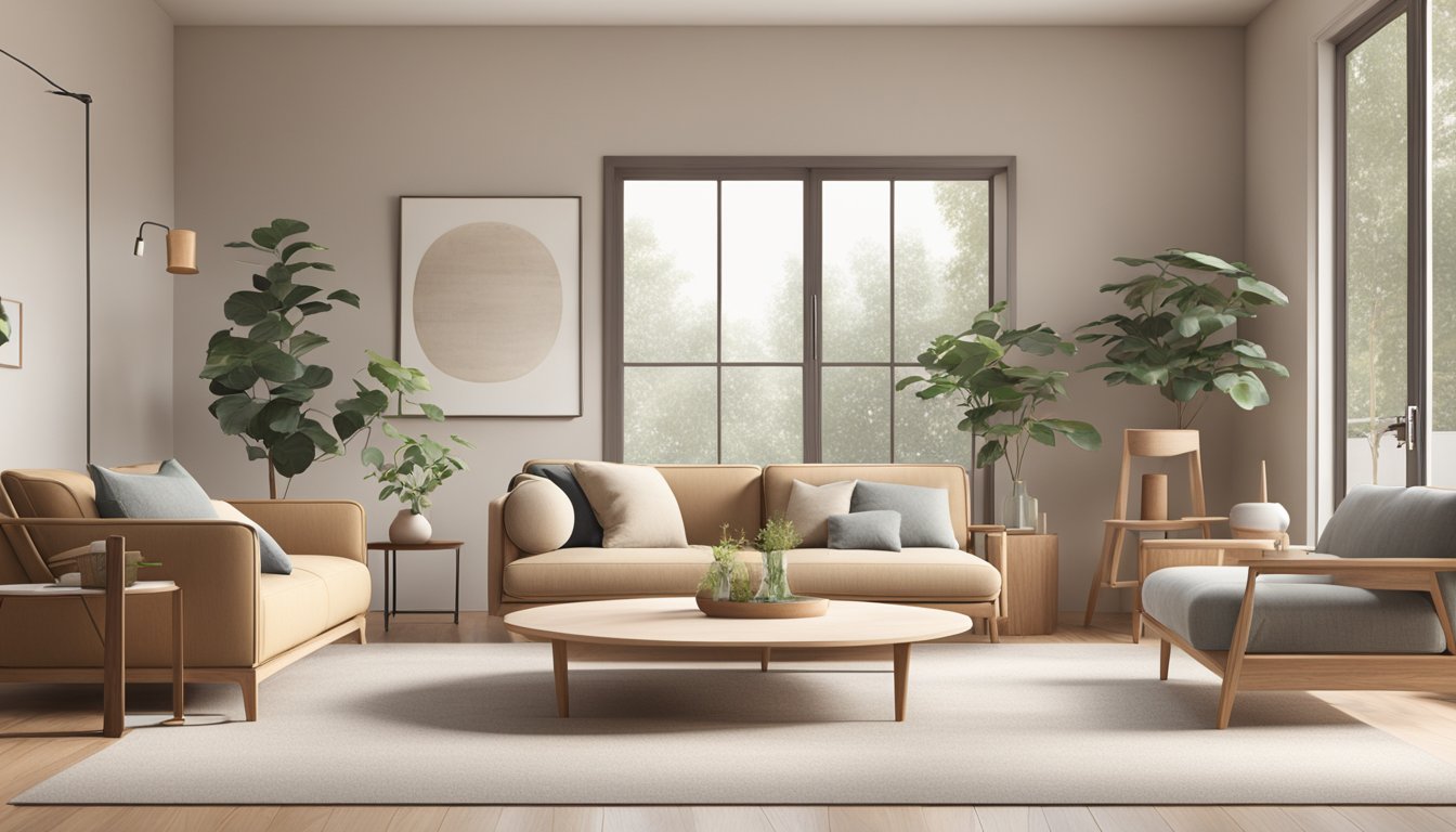 A japandi sofa sits in a minimalist living room, surrounded by natural materials and soft, neutral colors