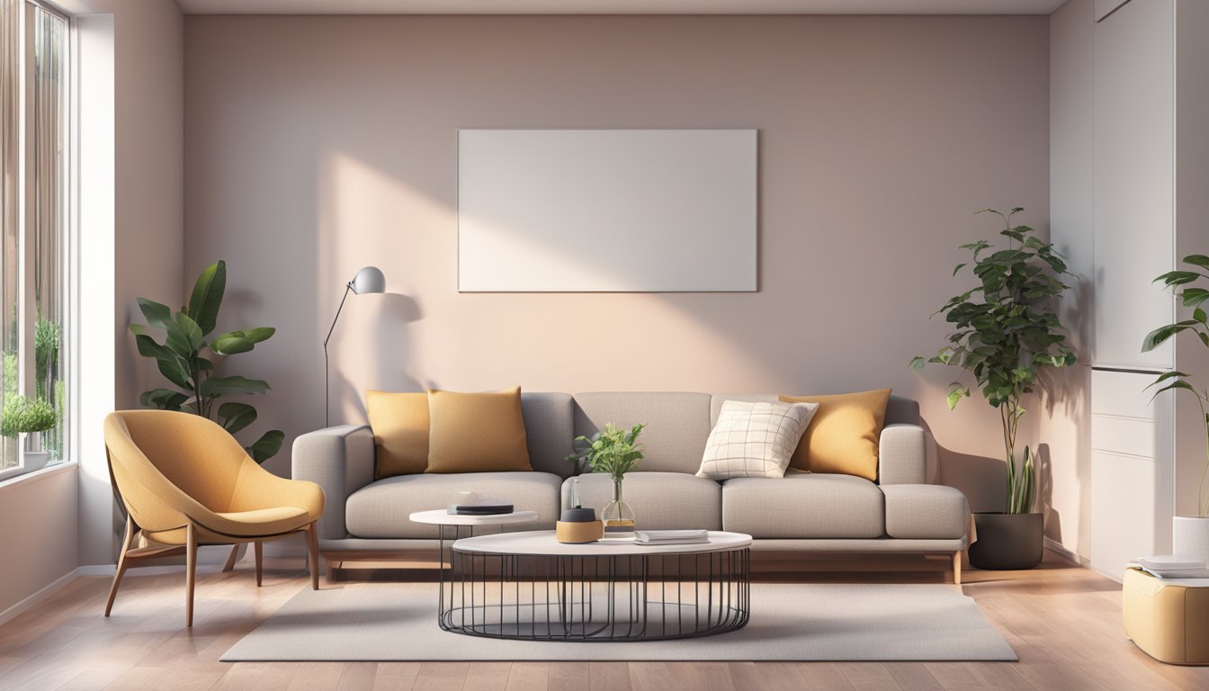 A modern living room with a sleek LG air conditioner mounted on the wall, surrounded by minimalist furniture and soft ambient lighting