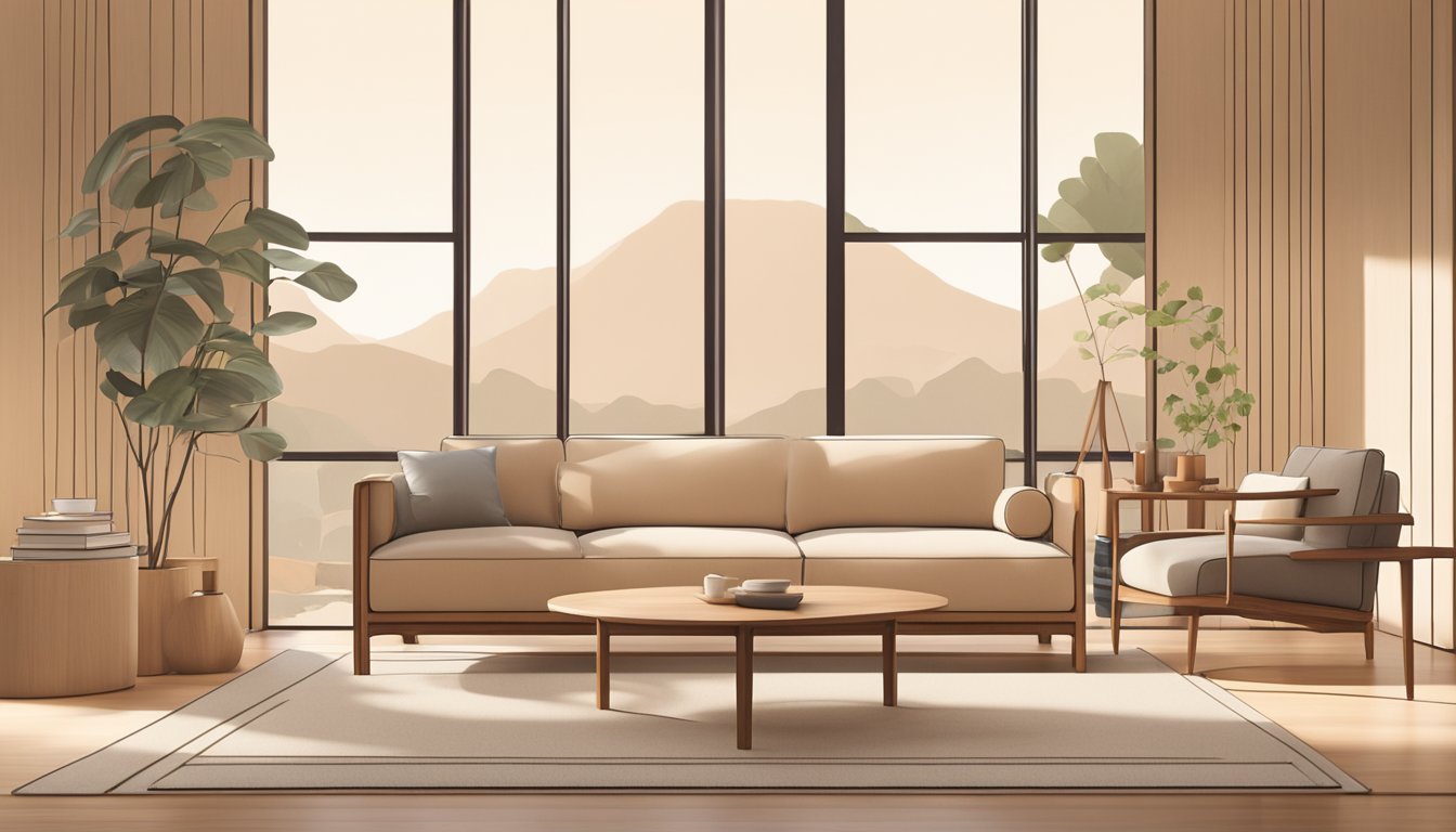 A minimalist japandi sofa, made of natural wood and soft, neutral fabric, sits in a serene, sunlit room with clean lines and warm earthy tones