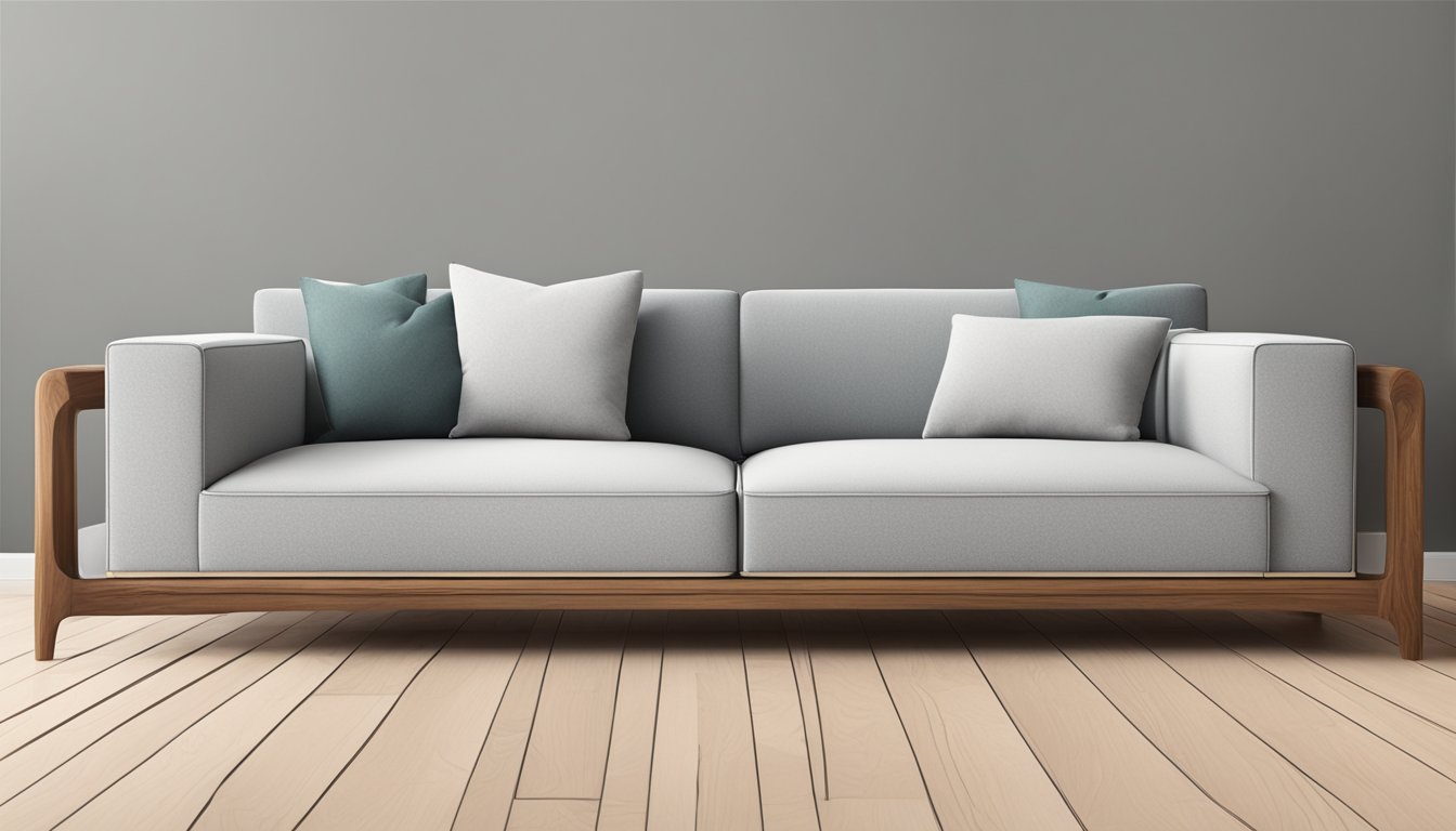 A sleek, minimalistic sofa with clean lines and warm wood accents. It exudes a sense of tranquility and sophistication, inviting relaxation and comfort