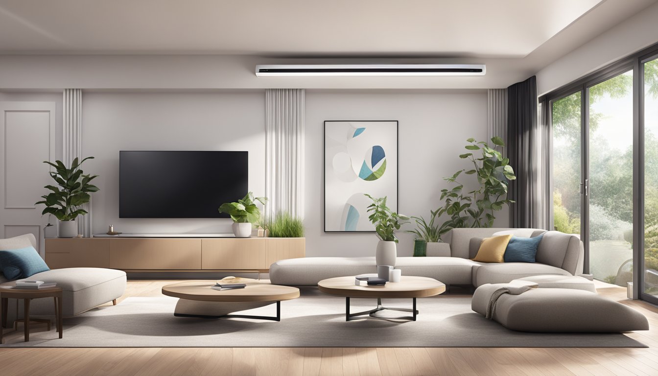 A modern living room with a sleek LG air conditioner mounted on the wall, showcasing its innovative features like energy-saving technology and advanced air purification