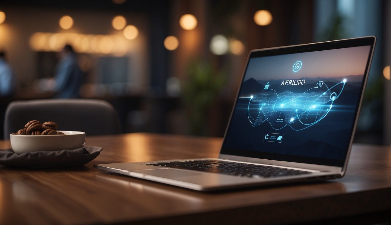 A virtual client meeting: a laptop displaying a professional setting, with a warm and inviting background. A handshake icon symbolizes trust and rapport