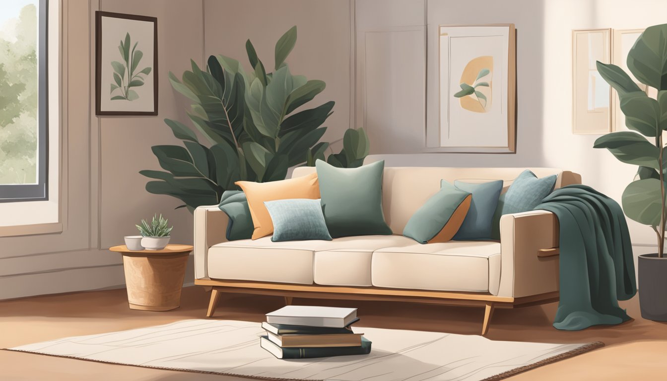 A japandi sofa surrounded by a stack of books and a potted plant, with a cozy throw draped over the armrest