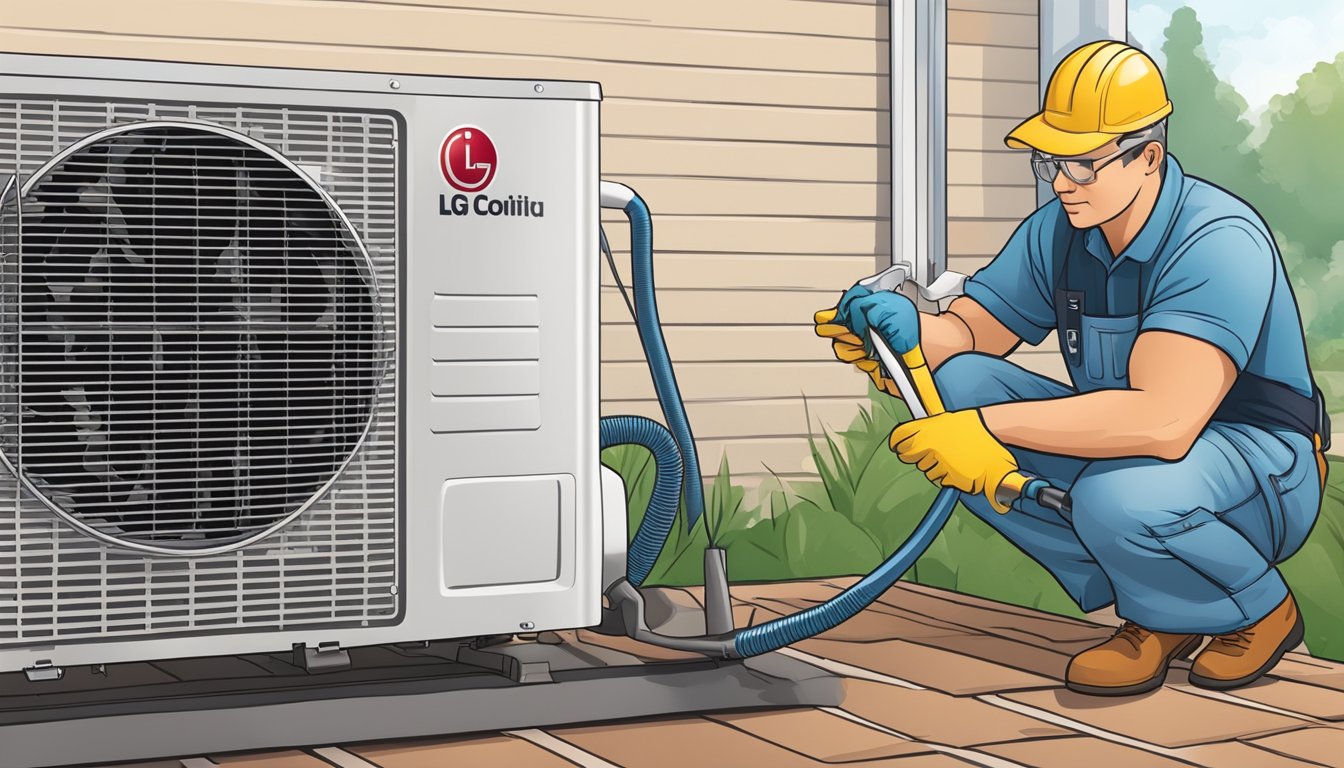 An LG air conditioner being cleaned and maintained with a brush and cloth, with a technician checking the filters and condenser for optimal performance