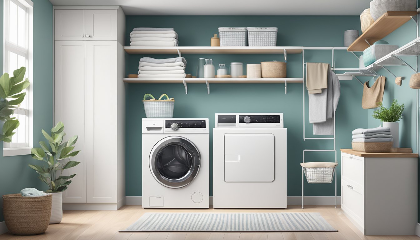 A sleek, modern combination washer and dryer unit sits in a bright, minimalist laundry room, surrounded by clean, organized shelves and baskets