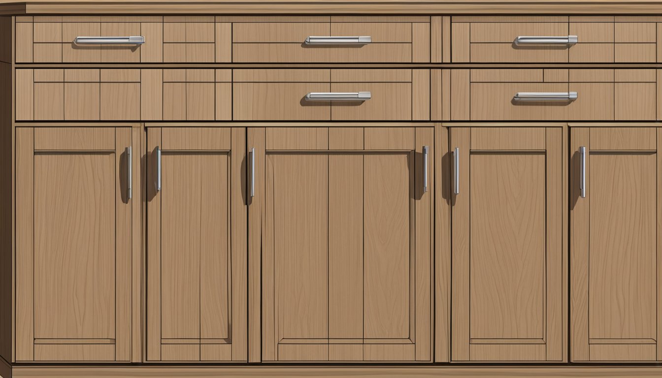 The kitchen cabinet is 24 inches deep, with a smooth wooden finish and silver handles