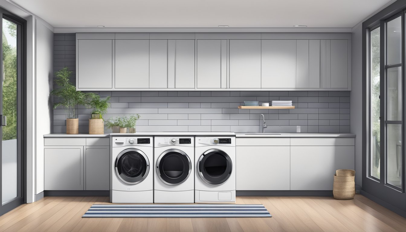 A combination washer and dryer sits in a modern laundry room, with sleek design and digital controls. It is compact and efficient, with clear labeling for easy use