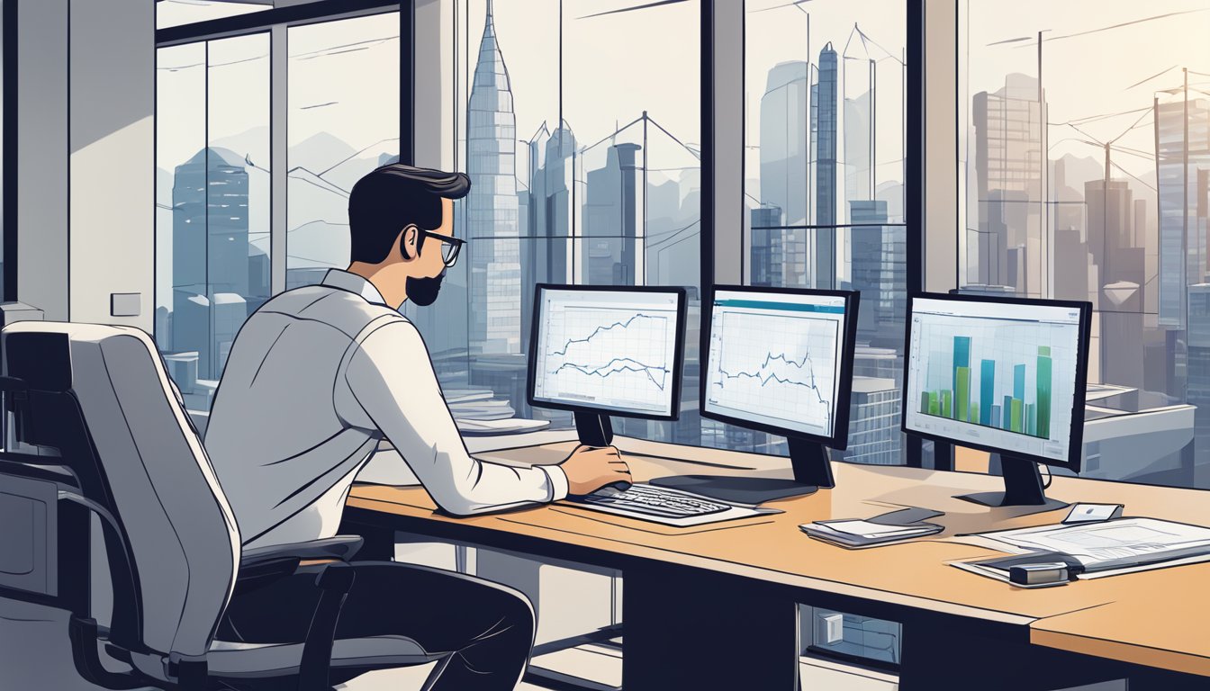 A product manager sits at a desk with a computer, surrounded by charts and graphs. A city skyline is visible through the window