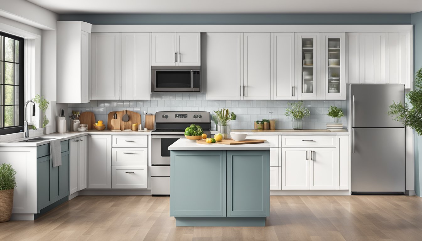 Standard kitchen cabinet dimensions: 24 inches deep, 36 inches high, and 12-18 inches wide. Shown in a simple, modern kitchen setting