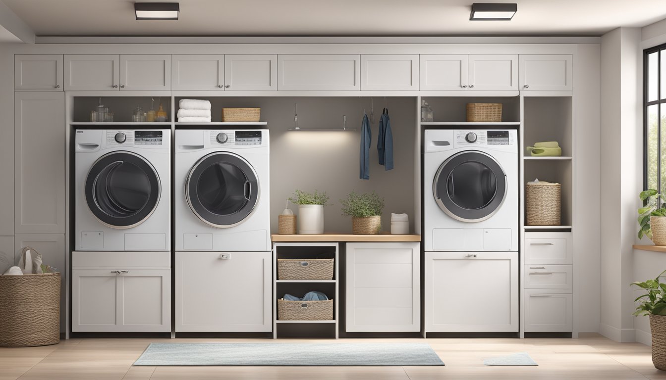 A modern laundry room with sleek, stacked combination washer and dryer units. Bright lighting and clean, organized space