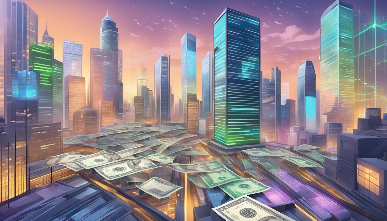 A bustling cityscape with skyscrapers and digital screens displaying charts and graphs. A stack of currency notes symbolizing high salary potential