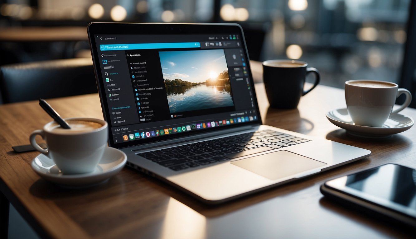 A laptop and tablet on a desk, with a virtual meeting platform open on the screen. A cup of coffee and a notepad with pen nearby