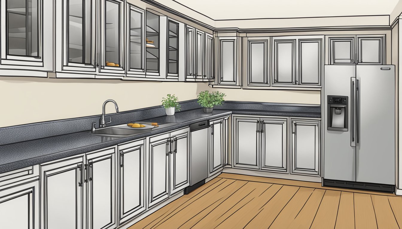 Standard kitchen cabinets arranged in a row, varying in depth, with shelves and doors