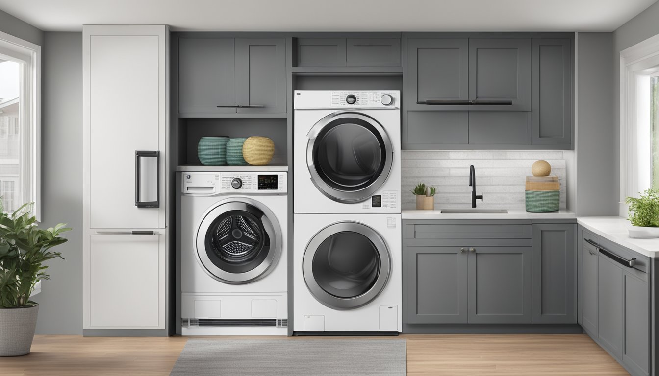 A stackable combination washer and dryer unit with a sleek, modern design, featuring a digital display and multiple control settings