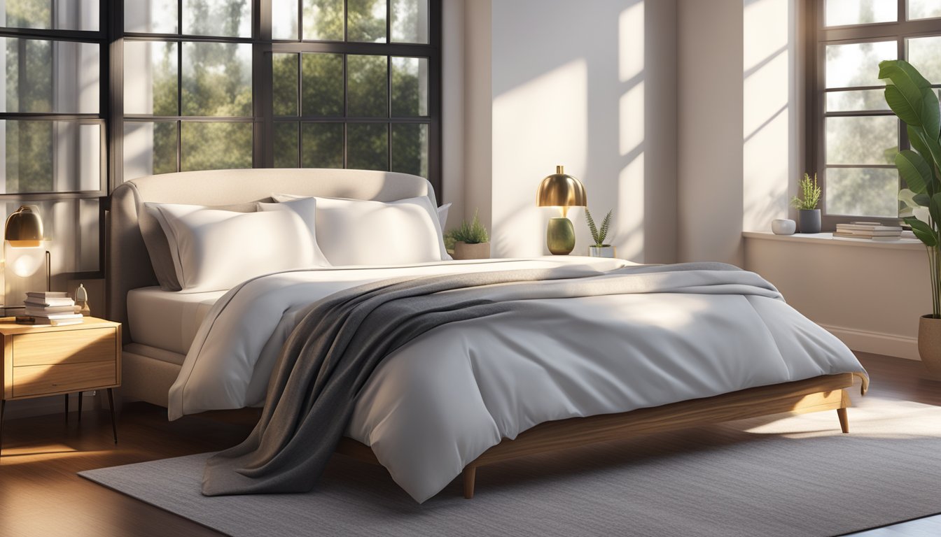 A luxurious latex mattress in a modern bedroom, with crisp white sheets and a plush duvet. Sunlight streams in through a large window, casting a warm glow on the inviting bed