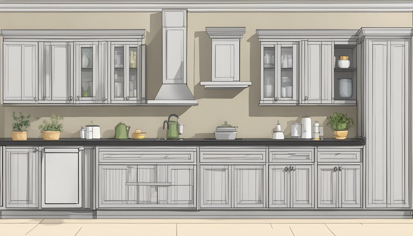 Standard kitchen cabinet depth: 24 inches. Illustration shows cabinets with uniform depth, shelves visible. No human subjects