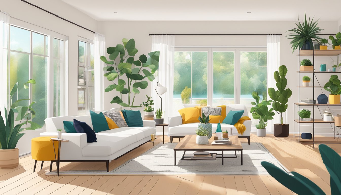 A bright, airy room with modern furniture and pops of color. Plants and cozy textiles add warmth. A clutter-free, organized space promotes relaxation